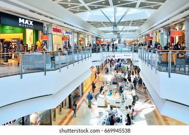 TEL AVIV, ISRAEL- APRIL, 2017: People Visits Shopping Centre In Azrieli Center Complex Of Three Skyscrapers In Tel Aviv