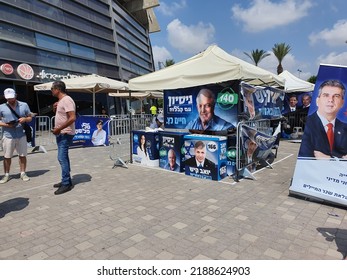 Tel Aviv, Israel - August 10, 2022: Tent Of Yoav Kisch (Kish),  Haim Chaim Katz, And Eti Hava Atiya. Eli Eliyahu Cohen Advertising Poster. Likud Party Primary Election At Menora Mivtachim Arena.