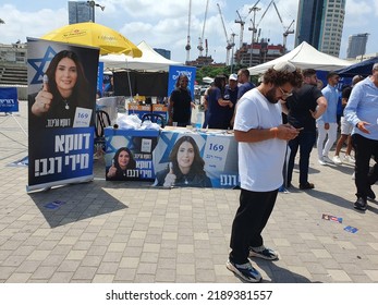 Tel Aviv, Israel - August 10, 2022: Miri Regev Tent, People, Religious Man Umbrellas. Likud Party Primary Election At Menora Mivtachim Arena.