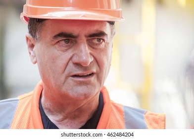 TEL AVIV, ISRAEL. August 2, 2016. Yisrael Katz, Israeli Politician, Currently Transportation Minister At The Light Rail Construction Site In Tel Aviv.