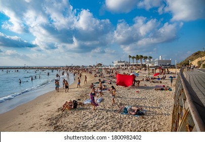 TEL AVIV, ISRAEL - AUGUST 21, 2020 : View of Tel Aviv beach  and promenade. Israel.