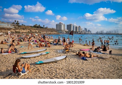 TEL AVIV, ISRAEL - AUGUST 21, 2020 : Tel-Aviv beach at Marina Tel Aviv area. Israel.