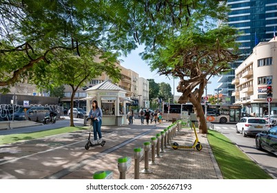 TEL AVIV, ISRAEL - DECEMBER 04, 2020 : Cityscape at  the corner of boulevard Rothschild and Alenby street in Tel Aviv, Israel.