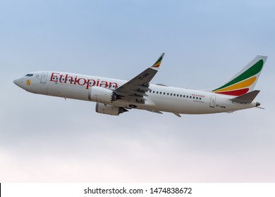 Tel Aviv, Israel – February 18, 2019: Ethiopian Airlines Boeing 737 MAX 8 Airplane At Tel Aviv Airport (TLV) In Israel.