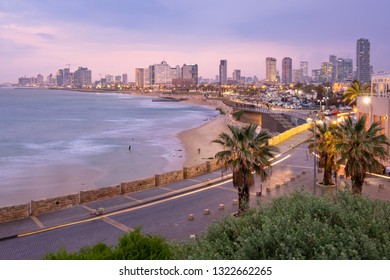 Tel Aviv - Israel - February 19, 2019: The Tel Aviv skyline shortly after sunset