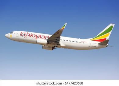 Tel Aviv, Israel – February 24, 2019: Ethiopian Airlines Boeing 737-800 airplane at Tel Aviv airport (TLV) in Israel.