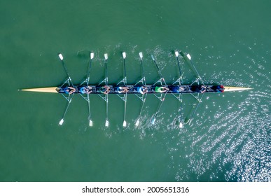 Tel Aviv , Israel - JUL 8, 2021 : Aerial View Of Eight Rowing Boat, Rowing In The Yarkon River