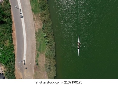 Tel Aviv , Israel - JUL 8, 2021 : Aerial View Of Eight Rowing Boat, Rowing In The Yarkon River