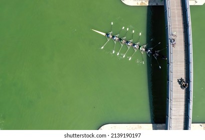 Tel Aviv , Israel - JUL 8, 2021 : Aerial View Of Eight Rowing Boat, Rowing In The Yarkon River