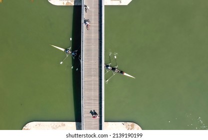 Tel Aviv , Israel - JUL 8, 2021 : Aerial View Of Eight Rowing Boat, Rowing In The Yarkon River