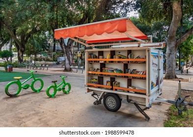 TEL AVIV, ISRAEL - JUNE 05, 2021 : Scenery  of  mobile street library  at boulevard Rothschild  in Tel Aviv, Israel