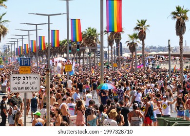 Tel Aviv, Israel - June, 2021: The Annual Pride Parade In Tel Aviv. Thousands Of People Are Celebrating And Marching Along The Sea Side.