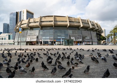 Tel Aviv, Israel - March 25th, 2021: A Flock Of Pigeons Outside The Menora Mivtachim Arena In Tel Aviv, Israel.