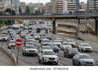 Tel Aviv, Israel - March 25th, 2021: A traffic jam in Ayalon highway that passes through Tel Aviv, Israel.