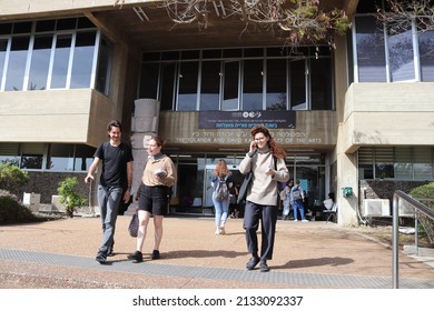 Tel Aviv, Israel - March 7, 2022: Main Entrance Of The Yolanda And David Katz Faculty Of The Arts Building With Young Students. South Facade. Tel Aviv University.