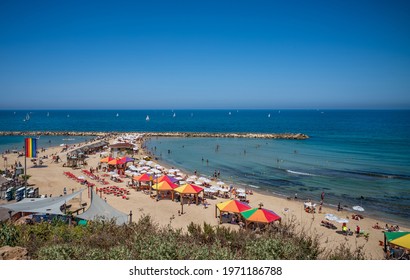 TEL AVIV, ISRAEL - MAY 01, 2021 :  Tel Aviv beach, Israel.