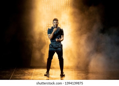 Tel Aviv, Israel – MAY 10, 2019: John Lundvik, representing Sweden, rehearsing the song Too late for love for the second semi-final at the Eurovision song contest 2019.