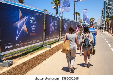 TEL AVIV, ISRAEL. May 11, 2019. People curious about the preparations to the international Eurovision song contest in the Eurovision village in central Tel Aviv. Eurovision 2019 concept, Dare to dream