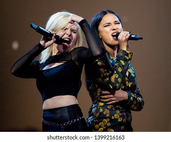 Tel Aviv, Israel – MAY 15, 2019: Sisters (Carlotta Truman and Laurita Kastel) representing Germany, rehearsing the song Sister for the final at the Eurovision song contest 2019.