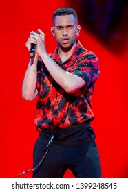 Tel Aviv, Israel – MAY 15, 2019: Mahmood (Alessandro Mahmoud) representing Italy, rehearsing the song Soldi for the final at the Eurovision song contest 2019.