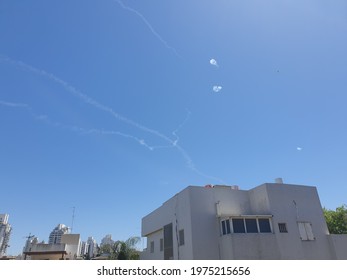 TEL AVIV, ISRAEL. May 15, 2021. A White Trace Of Palestinian Rocket Fired By Hamas From Gaza Intercepted In The Air By The Iron Dome System. 