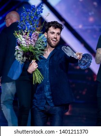 Tel Aviv, Israel – MAY 18, 2019: Duncan Laurence, representing The Netherlands,on stage after winning the Eurovision song contest 2019.