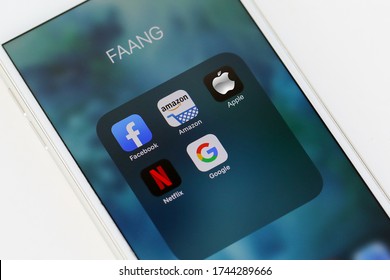 Tel Aviv, ISRAEL - May 28 2020 : FAANG Big Tech Icons (Facebook, Amazon, Apple, Netflix & Google). FAANG Is An Acronym Of The 5 Strong Stocks In The Nasdaq Technology Stocks Index.