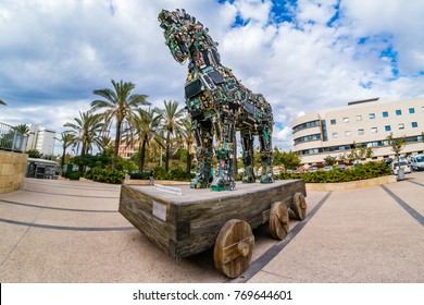 TEL AVIV, ISRAEL - November 2016: Cyber Horse, Sculpture Of Trojan Horse At Tel Aviv University, Israel.