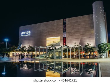 Tel Aviv, Israel - October 20, 2015. Night view of The Stage Theatre (Habima Theatre), national theatre of Israel and one of the first Hebrew language theatres