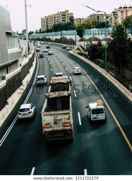 Tel Aviv Israel\
October 23, 2018  View of the traffic circulation in the highway of\
Tel Aviv in the afternoon