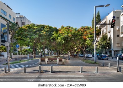 TEL AVIV, ISRAEL - OCTOBER 25, 2021 : Landscape of boulevard Rothschild in Tel Aviv, Israel.