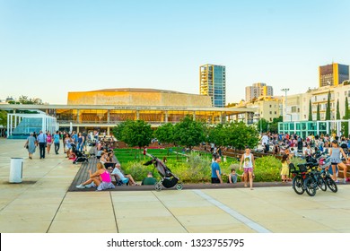 TEL AVIV, ISRAEL, SEPTEMBER 15, 2018: Sunset view of the Charles Bronfman auditorium in the center of Tel Aviv, Israel