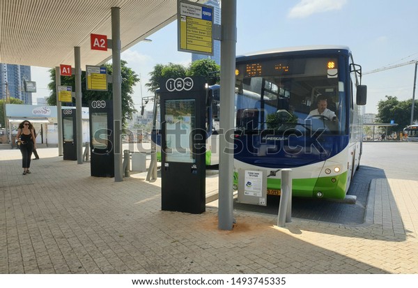 TEL AVIV, ISRAEL.\
September 2, 2019. Kavim company buses lined up at the platforms of\
the renovated Tel Aviv Platform 2000 bus station, Savidor Merkaz\
transportation hub