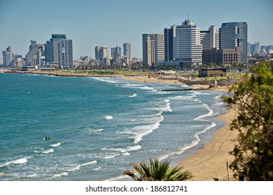 The Tel Aviv, Israel Sky Line And The Mediterranean Beach From Jaffa On A Late Spring / Early Summer Day