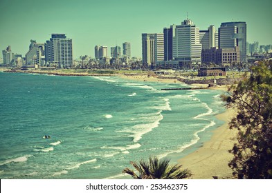 The Tel Aviv, Israel sky line and the Mediterranean beach from Jaffa - old postcard / vintage look