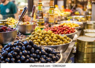 Tel Aviv - Nov 25: Black and green olives in Sarona market, Tel Aviv - Jaffa, Israel, November 25, 2016