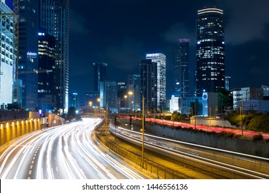 Tel Aviv And Ramat Gan At Night, Israel, Ayalon Freeway Traffic At Night 