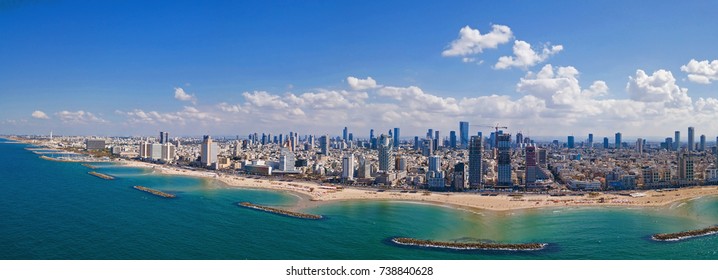 Tel Aviv skyline off the shore of the Mediterranean sea - Panoramic aerial image