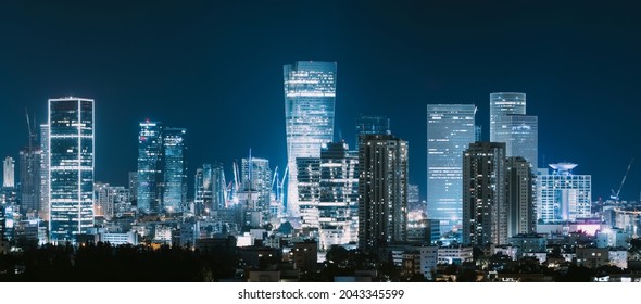 Tel Aviv Skyline And Ramat Gan At Night,  Tel Aviv Cityscape, Israel