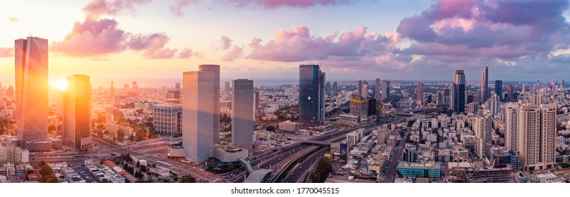 Tel Aviv Skyline at Sunset, Tel Aviv City at Sunset Time, Israel