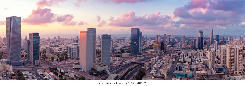 Tel Aviv Skyline at Sunset, Tel Aviv Cityscape Aerial View at Sunset, Israel