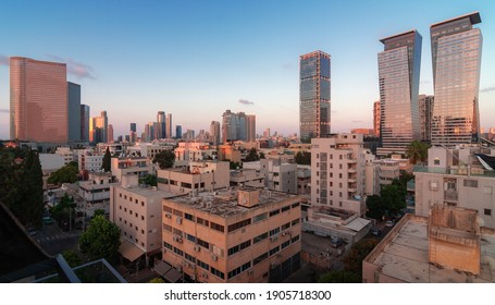 Tel Aviv Sunset View: Modern Skyscrapers And Dormitory Area