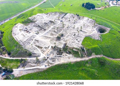 Tel Megiddo national park, Also known in Greek as Armageddon, A prophesied town for a battle during the end times, Aerial view.