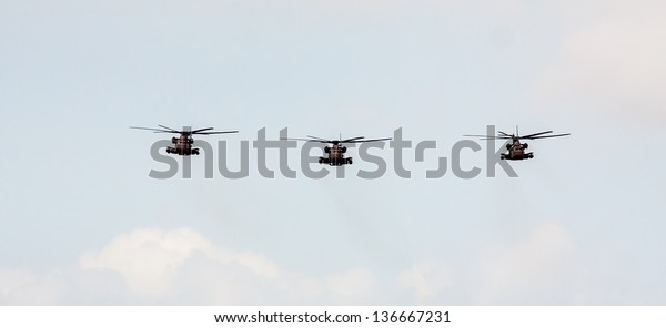 TEL NOF, ISRAEL -APRIL
16: Army Sikorsky CH-53  performing an exhibition exercise during
the Israeli Independence day show on April 16, 2013 in Tel Nof,
Israel.