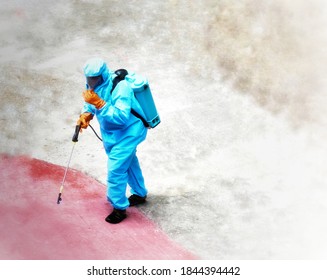 Telangana, Hyderabad - July 12, 2020: Man Wearing Protective Suit Disinfecting In The Spread Of Coronavirus, Covid -19 In The Hyderabad City