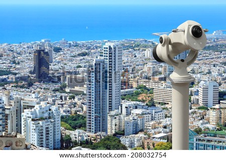 Tel-Aviv city coastline view from above with telescope (Mediterranean sea. Israel)