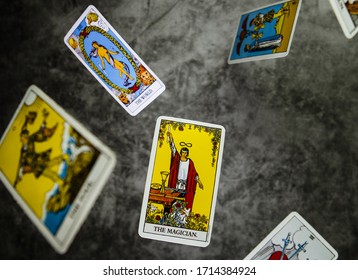 Tel-aviv, Israel, 24 Of April, 2020: Flying Deck Of Tarot Rider, The Magician. The Major Arcana. Flying Cards 