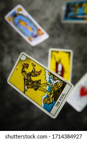 Tel-aviv, Israel, 26 Of April, 2020: Flying Deck Of Tarot Rider, The Fool. The Major Arcana. Flying Cards 