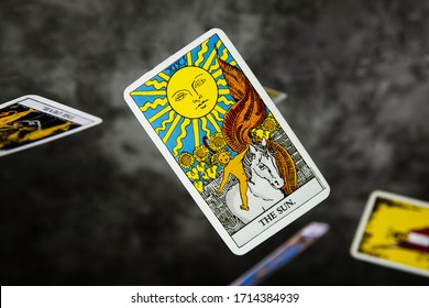 Tel-aviv, Israel, 26 Of April, 2020: Flying Deck Of Tarot Rider, The Sun. The Major Arcana. Flying Cards 