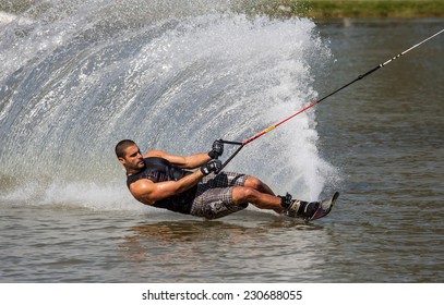 TEL-AVIV, ISRAEL - OCTOBER 25: An unidentified participant shows his skills during Israel Waterski and Wakeboard competition cup on October 25, 2014 in Tel-Aviv, Israel.